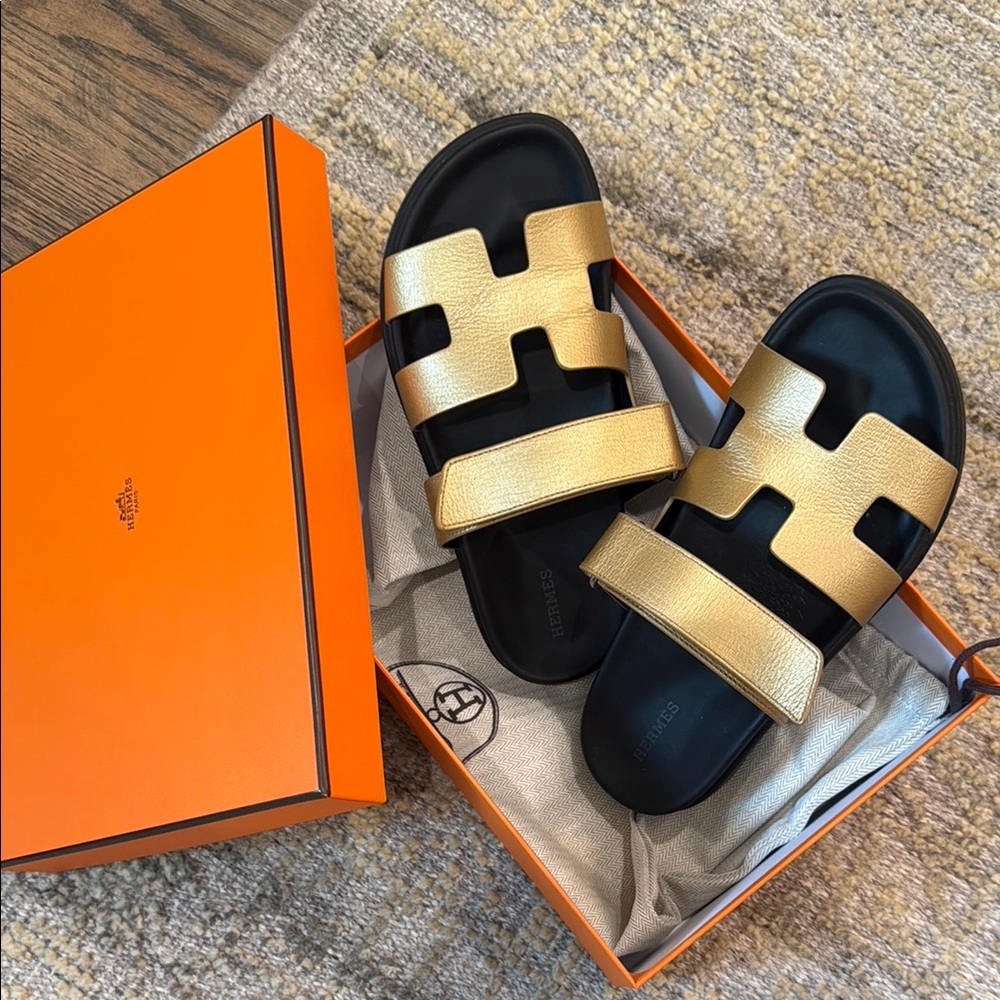 Hermès Gold and Black Sandals